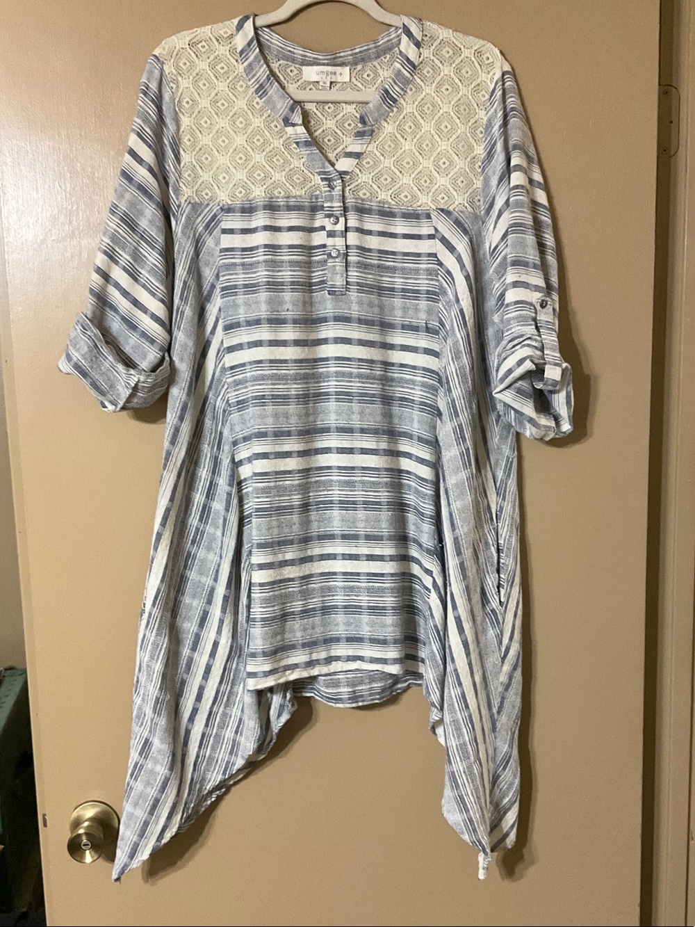 Umgee Blue and White Striped Tunic with Lace Yoke